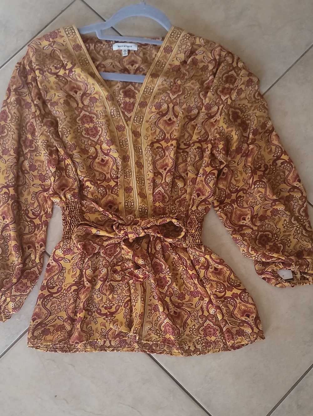 Max Studio Paisley Boho Top Tie Belt SZ M